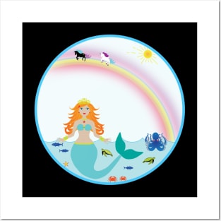 Mermaid in Sea with fish octopus crabs turtles unicorns and rainbow Posters and Art